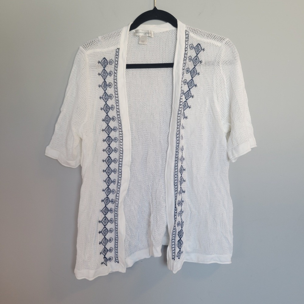 Christopher & Banks White Pointelle Knit Short Sleeve Embroidered Cardigan L